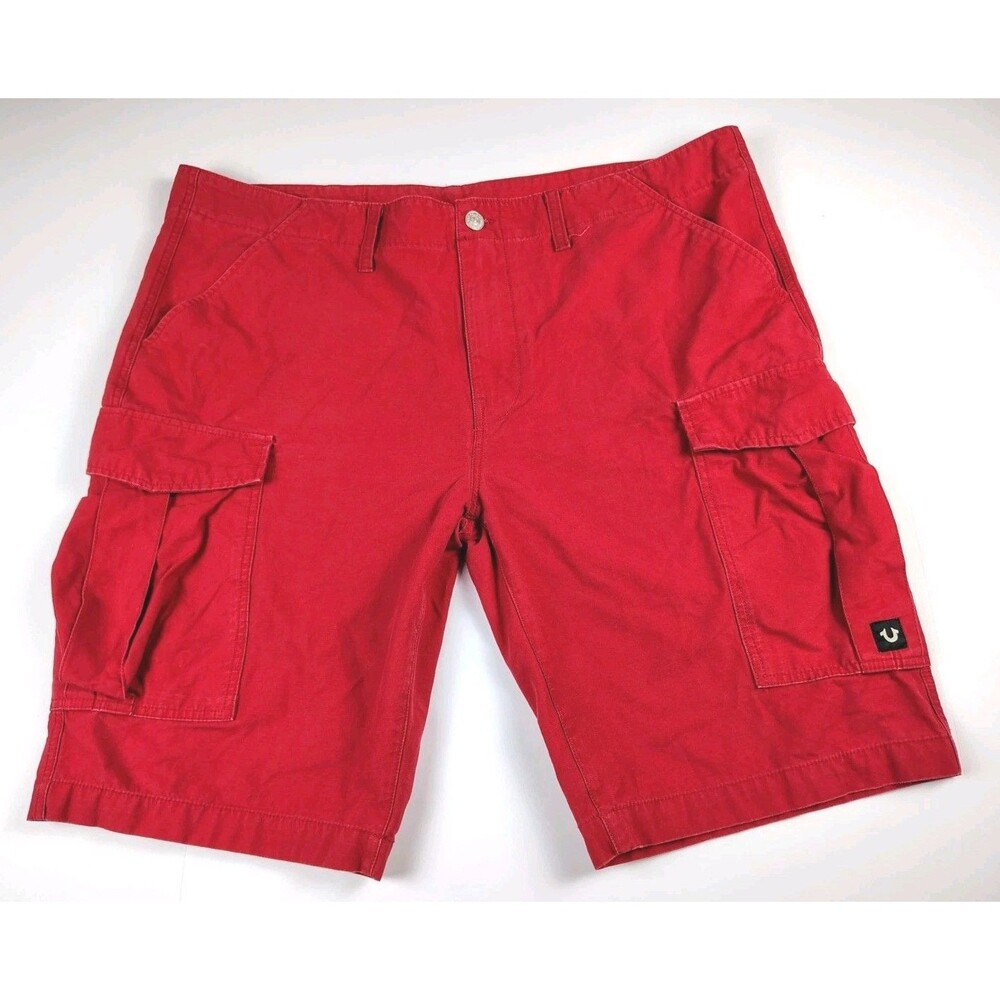 True Religion Shorts Mens 42 Red Cargo Flat Front Logo Pockets Casual Summer